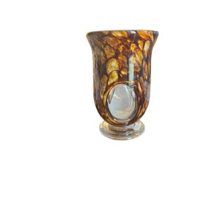 Vtg Faux Tortoise Shell Blown Art Glass Vase Peekaboo Windows Pedestal Base 7&quot;