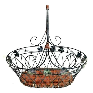 Black Metal & Brown Wicker Oval Basket With Handle, Leaf Design