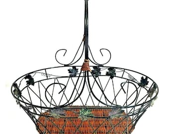 Black Metal & Brown Wicker Oval Basket With Handle, Leaf Design