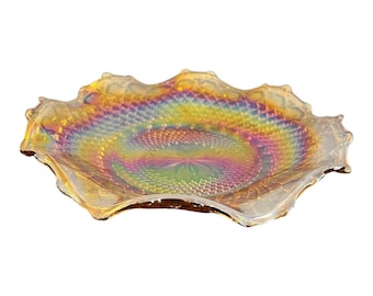 Vintage Carnival Glass Ruffled Bowl 10" Diameter Iridescent Gold Tone Hobnail