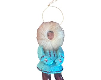Ornement VTG Inuit 3" fourrure capuche Noël vacances décoration fait main esquimau de l'Alaska