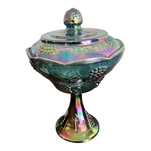 Vintage Indiana Glass Blue Iridescent Carnival Glass Pedestal Compote Candy Dish