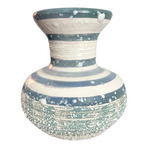 Dryden Pottery Mid-Century Modern 7" Art Vase Green & Blue Stripe Drip Glaze Hot Springs Ark