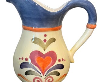 Jim Shore Heartwood Creek 2002 Hand-Painted Ceramic Pitcher Floral & Heart, 7" Tall