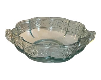 Vtg  Jeannette Aztec Blue Glass Rose Handled Candy Dish Scalloped Pedestal 6.5"