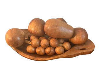 Vintage Monkey Pod Wooden Bowl With Fruit 7 Pieces 11" X 5"