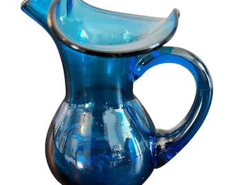 Vintage Handblown Blue Glass Pitcher With Ruffled Rim and Handle 4 1/4” Tall