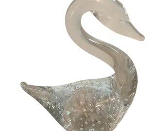 Handblown Glass Swan Paperweight With Controlled Bubbles 5.5"