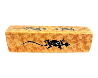 Vintage Stone Carved Storage Long Rectangular Jewelry trinket Box Lizard Print