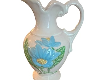 Vintage Hull Art Pottery Ewer Pitcher With Blue Floral Design 5.5" Tall