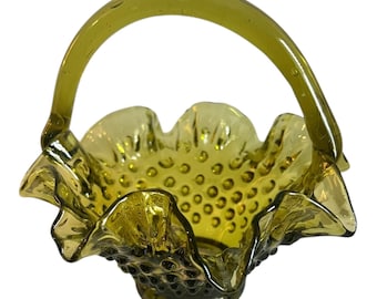 Vintage Fenton? Green Glass Hobnail Basket With Ruffled Edge & Applied Handle