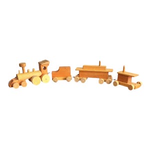 Vtg Wooden Train Set 4 Cars Rolling Locomotive Caboose Side Cars 32&quot; Handmade