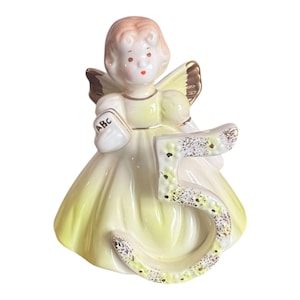 Vintage Josef Original Ceramic Angel Figurine With Gold Accents & Number 5 years old Birthday