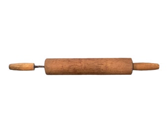 Vtg Wood Rolling Pin Spin Handle Metal Rod 17.5" Farmhouse Country Kitchen Decor