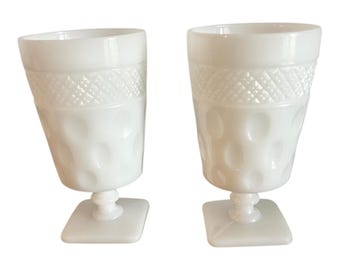 Vtg Milk Glass Goblets Set Of 2 With Diamond & Thumbprint Pattern Pedestal 5.5"