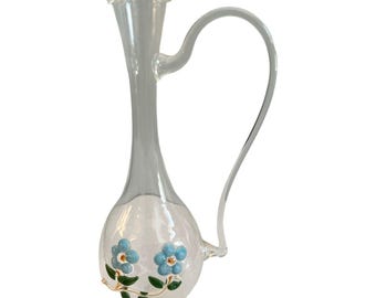 Hand Blown Glass  Pitcher with Handle, Pinched Rim Raised Blue Flowers 6.5" Tall