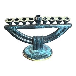 Antique Rare Mini Brass Pocket Hanukkah Menorah Israel Miniature Chanukah Menorah Mid Century Jewish Candleholder Brass Green 2.25X3.5"