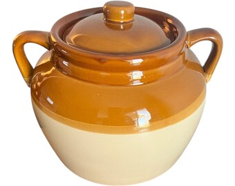 Vintage Stoneware Brown and Cream Crock Bean Pot with Lid and Handles 7” X 10”
