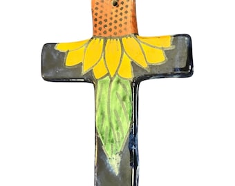 Mexican Talavera Hand-Painted Sunflower Wall Hanging Cross 5.5"X4" Ceramic Decor