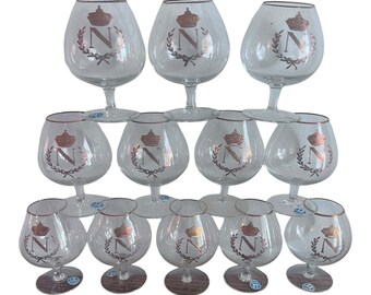 Vintage LR Slovak Napoleon Crown Gold Gilded Monogram Brandy Glasses set of 12