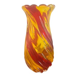 Hand Blown Mid-Century Swirl Art Glass Vase 10&quot; Tall X 5&quot; Wide Red & Yellow