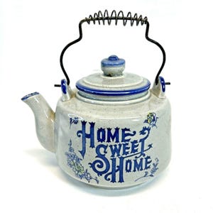 Vintage Gray Ceramic Porcelain Teapot with Wire Handle, Home Sweet Home, Japan