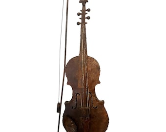 Rustic Vintage Violin Wall Art 21.5" Tall Bow Distressed Metal Design Musical Studio