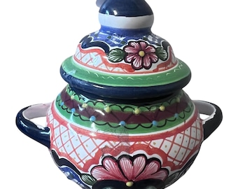 Arte Talavera suikerpot met deksel, 5 inch hoog, handgemaakt Mexicaans aardewerk