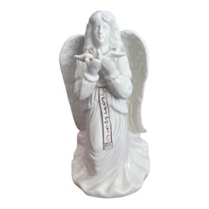 Vintage Porcelain Angel Holding Dove Statue Figurine 7&quot; White Gold Accents