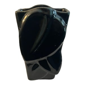 Könnte beinhalten: Eine schwarze Keramikvase mit einem einzigartigen, abstrakten Design. Die Vase hat eine glänzende Oberfläche und eine glatte, geschwungene Form.