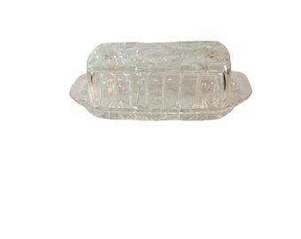 Vtg Anchor Hocking Star Of David Clear Cut Glass Butter Dish Palm Leaf Pattern