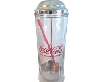 Vintage 1992 Coca-Cola Glass Straw Dispenser With Chrome Lid