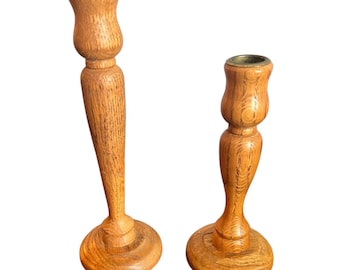 Pair Of Handmade Oak Wood Candle Holders 7.5" & 9" Tall Ozarks USA Lathe Turned