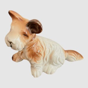Vintage Ceramic Terrier Dog Figurine 3&quot; White Brown Porcelain Made In Japan
