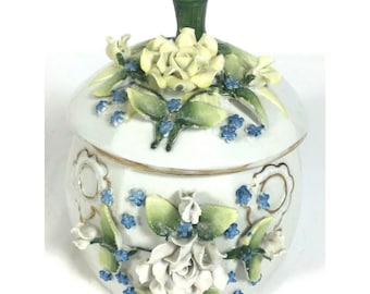 Vintage Ceramic Pumpkin-Shaped Trinket Box With 3D Floral Design White and Green