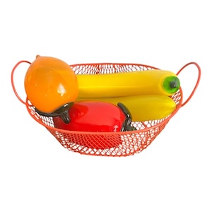 Vintage Glass Fruit Figurines Set In Wire Basket, Bananas, Orange, Pepper,