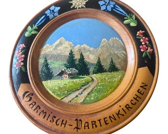 Piatto da parete tedesco dipinto a mano Max Suchy Garmisch-Partenkirchen 9" in legno alpino