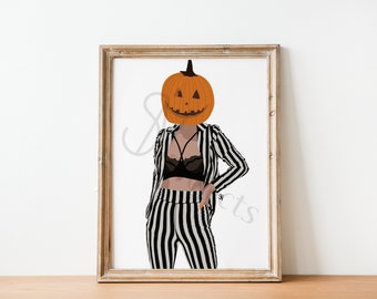 Illustration Halloween ensemble tailleur à rayures et tête citrouille (impression d'illustration de mode)