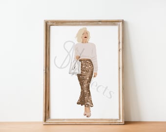 Illustration femme avec jupe de soirée pailletée doré (impression d'illustration de mode)