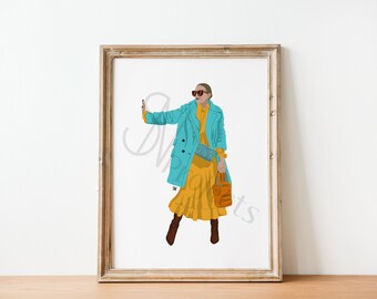 Illustration robe longue jaune et manteau bleu (impression d'illustration de mode)