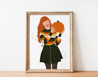 Illustration Halloween ensemble jupe verte et pull rayés avec citrouille (impression d'illustration de mode)