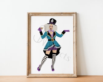 Illustration Halloween chapelier fou bleu et violet (impression d'illustration de mode)