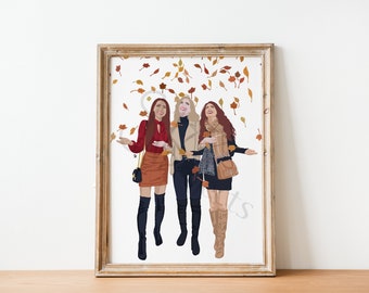 Illustration trio de femmes à la tombée des feuilles d’automne (impression d'illustration de mode)