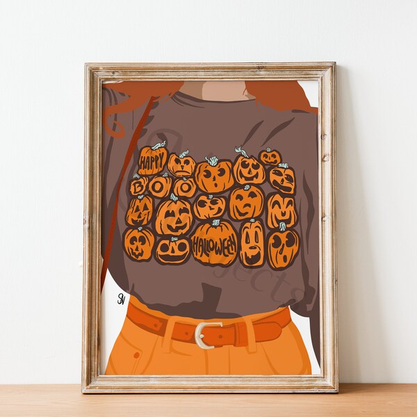 Illustration Halloween pull citrouilles et jupe orange (impression d'illustration de mode)