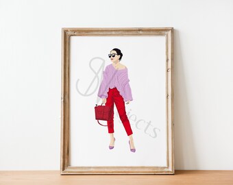 Illustration ensemble rose et rouge fashion (impression d'illustration de mode)