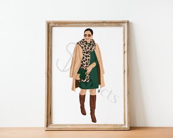 Illustration femme chic avec robe verte et écharpe léopard (impression d'illustration de mode)