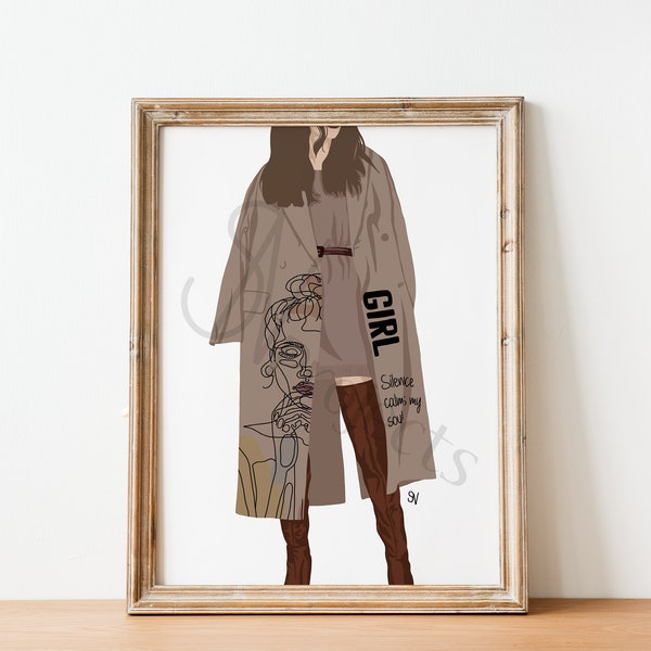 Illustration ensemble marron automne avec dessins sur manteau (impression d'illustration de mode)