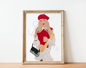 Illustration francaise avec béret rouge et baguette (impression d'illustration de mode)