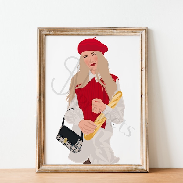 Illustration francaise avec béret rouge et baguette (impression d'illustration de mode)