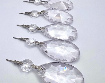 Set of 5 Ornaments- 50mm Clear Fluted Teardrop Chandelier Crystals, Asfour Lead Crystal #973